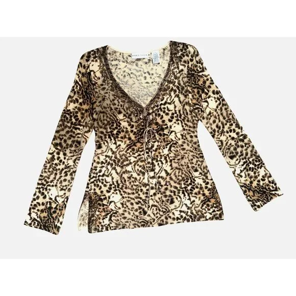 Dana Buchman Medium Vintage Leopard Merino Wool Beaded Top City Luxe Embellished - Picture 14 of 14